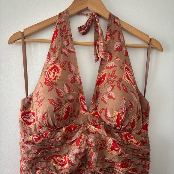 Philip Decaprio Designer Floral Maxi Halter Cotton Dress in Red and Tan Size 10 - Picture 3 of 11